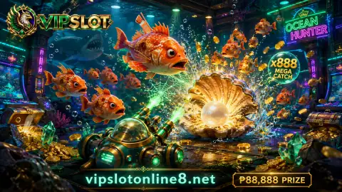 VIPSLOT fishing scene with golden fish crossing a sonar-like cue above an emerald arcade control