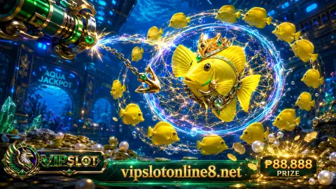 VIPSLOT fishing armored boss creature above gold-and-emerald arcade controls and a shifting fish school