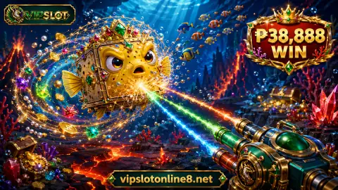 VIPSLOT fishing treasure chest beside moving fish schools with the mobile arcade control still visible