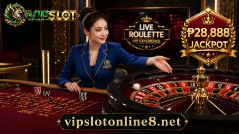 VIPSLOT live casino roulette scene with an ivory ball crossing emerald felt above a softly receding table floor