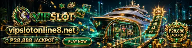 VIPSLOT slot reel scene with bright symbols in a dark emerald casino setting