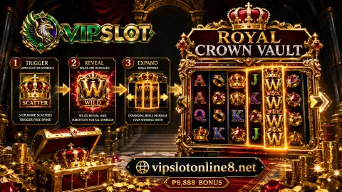 VIPSLOT slot scene with a bonus-wheel silhouette, treasure motifs and layered symbols