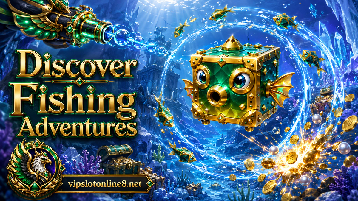 vipslot game download fishing scene with golden fish crossing dark emerald water beside an arcade control edge